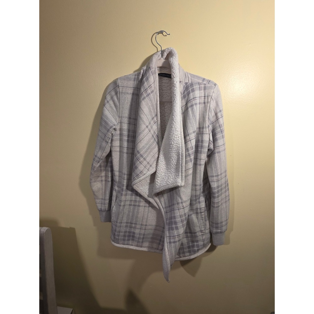Abercrombie & Fitch Sherpa Lined Plaid Open Front Cardigan Grey White Medium